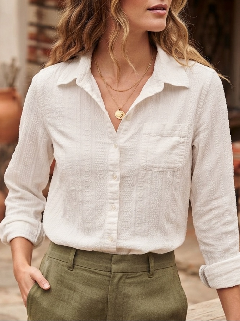 The Territory Ahead Ivory Textured Button-Down Shirt